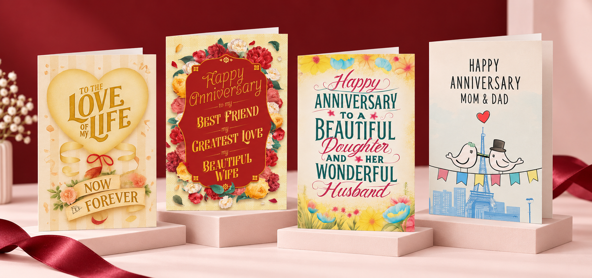 Anniversary cards on blush display stands with burgundy ribbon
